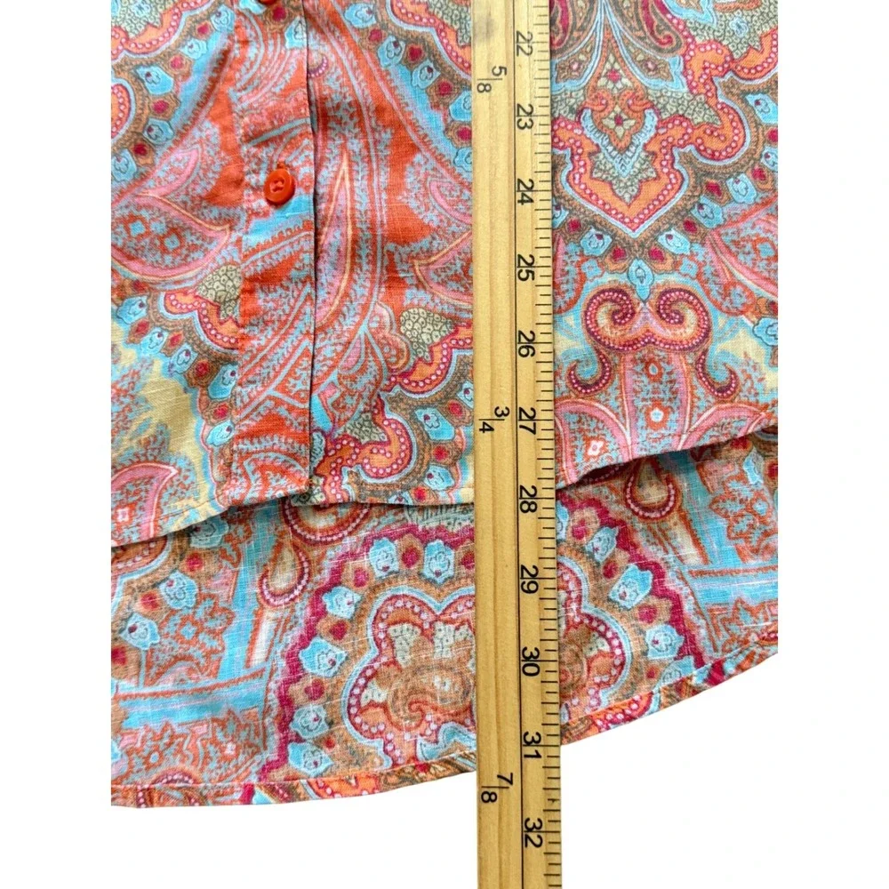 Chicos No Iron Linen Paisley Button Down Shirt Orange Blue Size 1 Medium